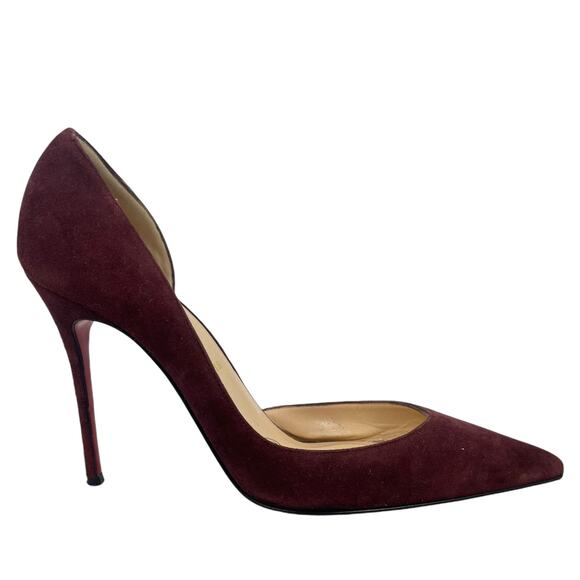Christian Louboutin Iriza 100mm Half d'Orsay Suede Pump Burgundy Size 38.5 - Picture 4 of 14